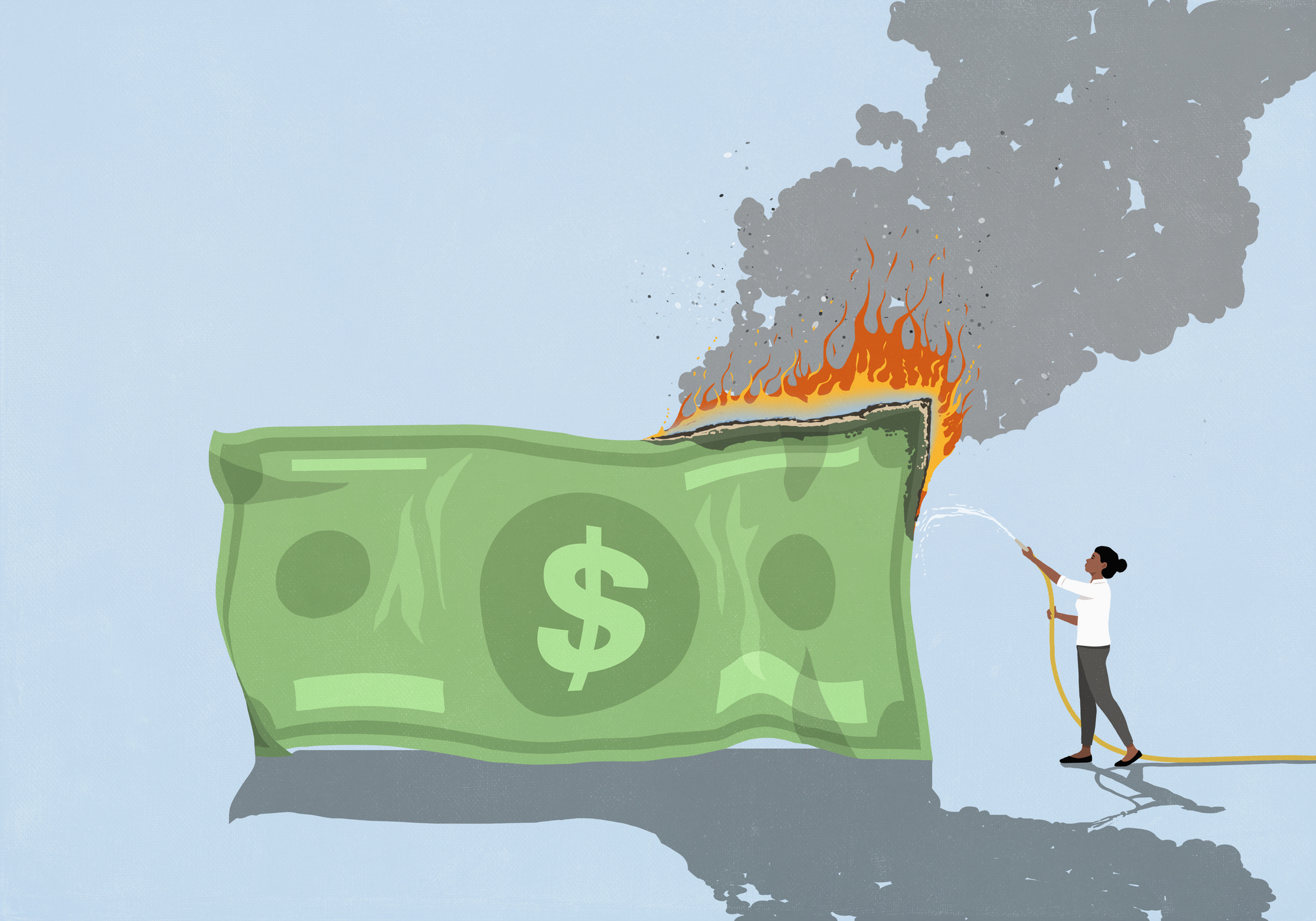 a woman putting out a dollar bill on fire