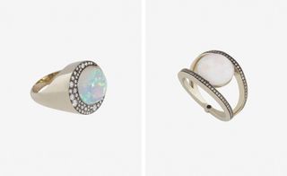left image showing a chunky ring with a white Ethiopian opal surrounded by diamonds; right image showing a ring with two thin diamond covered bands encompassing a white Ethiopian opal