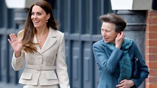 LONDON, UNITED KINGDOM - APRIL 27: (EMBARGOED FOR PUBLICATION IN UK NEWSPAPERS UNTIL 24 HOURS AFTER CREATE DATE AND TIME) Catherine, Duchess of Cambridge, Patron of the Royal College of Obstetricians and Gynaecologists and Princess Anne, Princess Royal, Patron of the Royal College of Midwives, visit the headquarters of the Royal College of Midwives (RCM) and the Royal College of Obstetricians and Gynaecologists (RCOG) on April 27, 2022 in London, England. The Princess Royal and Duchess of Cambridge are visiting the headquarters to hear about the ways in which the RCM and the RCOG are working together to improve maternal health care, ensuring women are receiving the safest and best care possible at one of the most significant times in their lives.