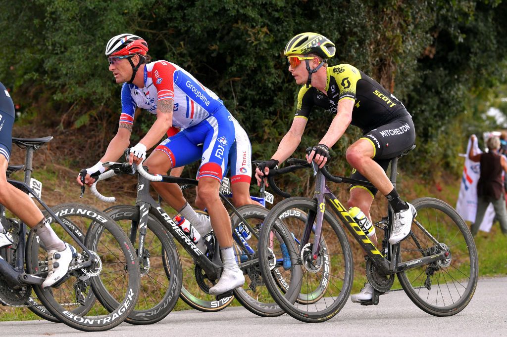 PLOUAY FRANCE AUGUST 25 Anthony Roux of France and Team Groupama FDJ Nicholas Schultz of Australia and Team Mitchelton Scott during the 84th Bretagne Classic OuestFrance 2020 a 2478km race from Plouay to Plouay GrandPrixPlouay GPPlouay on August 25 2020 in Plouay France Photo by Luc ClaessenGetty Images