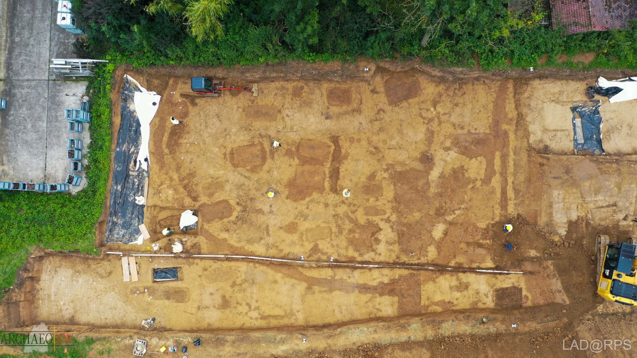 Part of the ancient cemetery that is currently being excavated is shown in this aerial image.