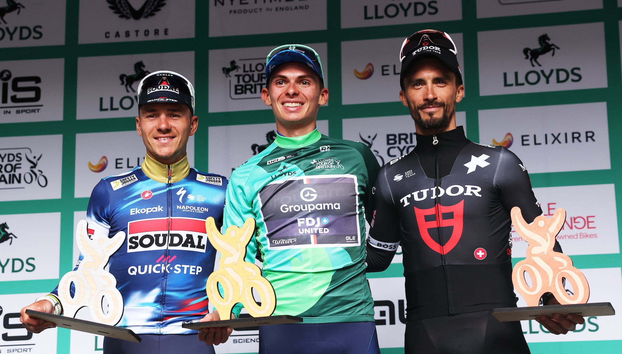 2025 Tour of Britain Men's podium (L to R): Remco Evenepoel of Soudal-QuickStep on second place, race winner Romain Gregoire of Groupama-FDJ and Julian Alaphilippe of Tudor Pro Cycling on third place