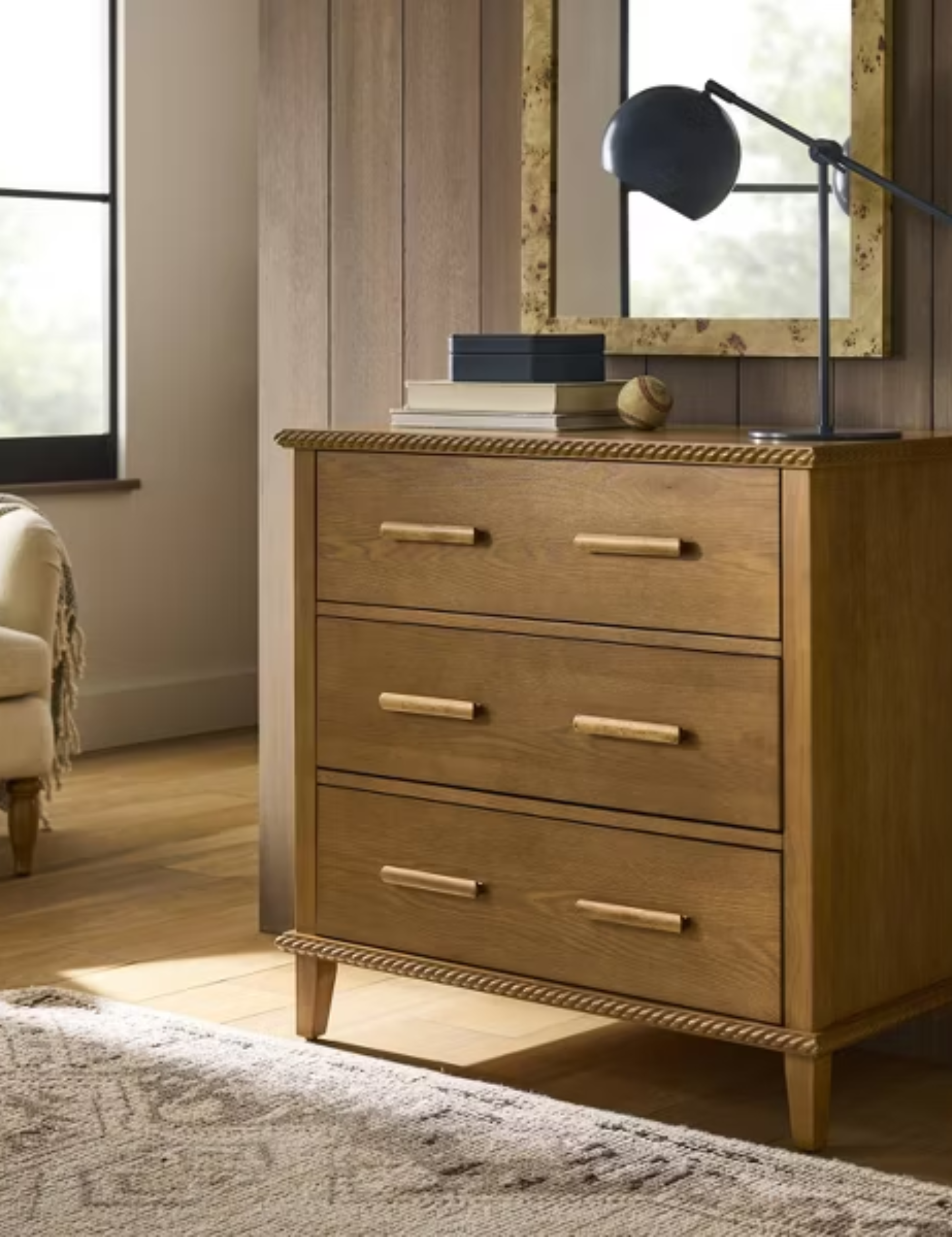 wooden dresser designed by studio mcgee for target with a rope detailing and wooden handles