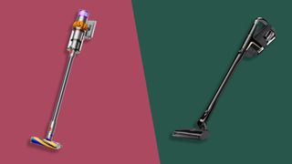 The Dyson V15 Detect on a pink background and the Miele Triflex HX1 on a green background