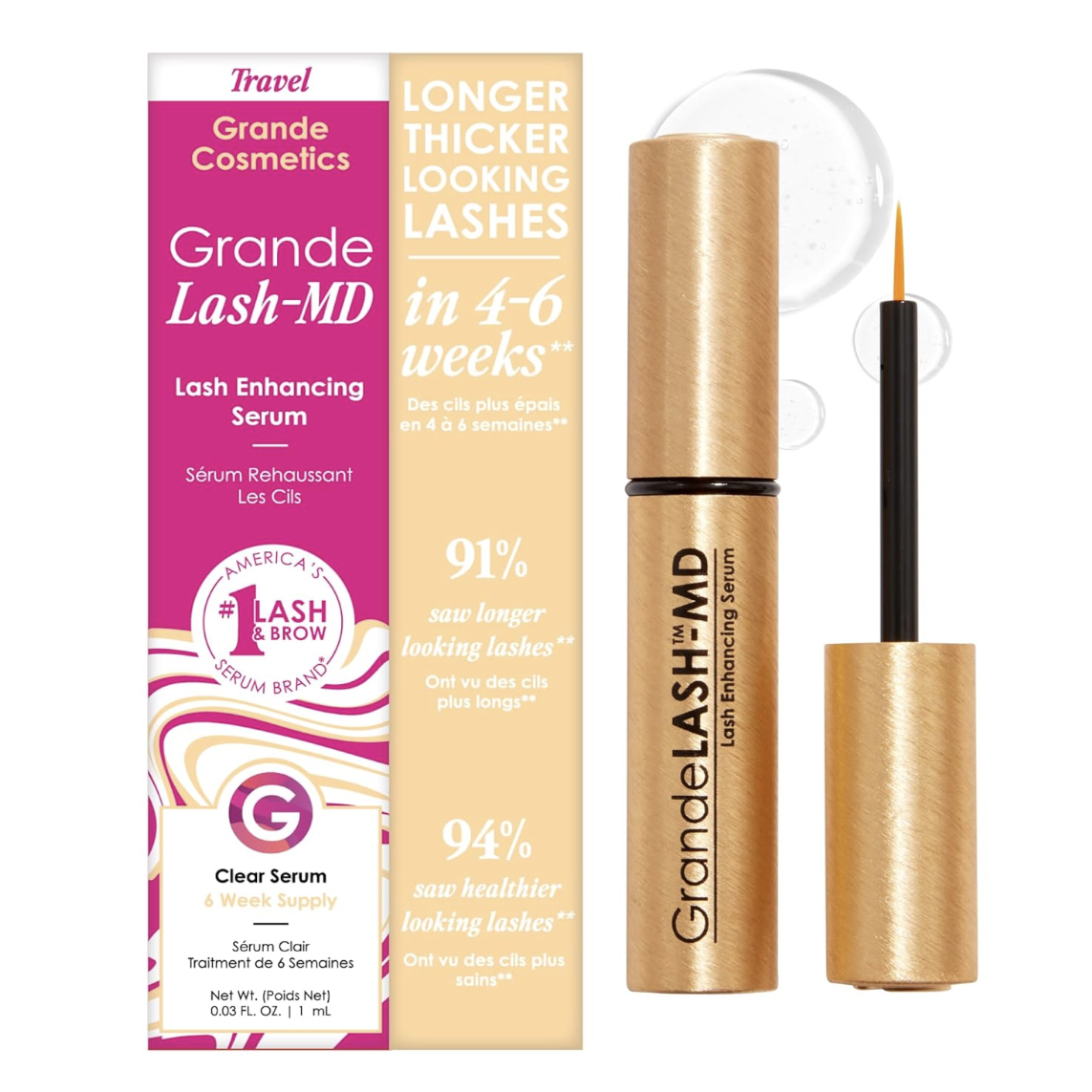 Grande Cosmetics Grandelash-Md Lash Enhancing Serum - Peptide &amp;amp; Vitamin Infused Formula for Longer, Thicker, Fuller Looking Lashes - Ophthalmologist Tested, Cruelty-Free, 6 Week Supply (1ml)