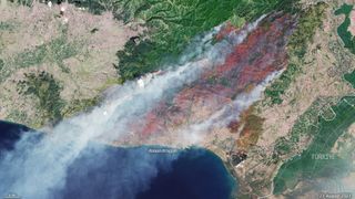 A composite natural color and infrared image of the wildfires near Alexandroupoli, Greece.