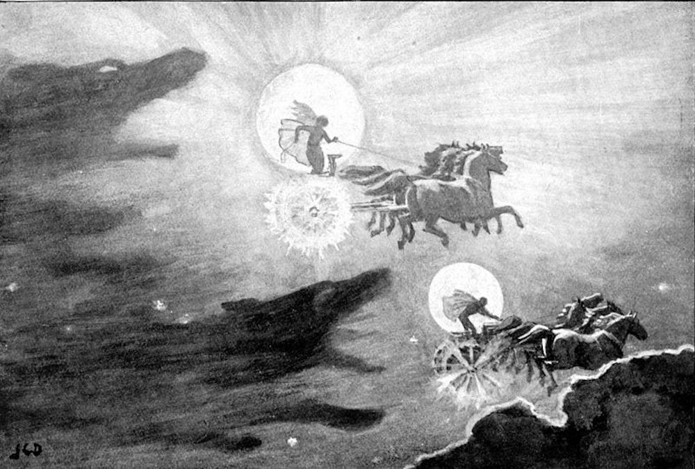 The wolves Skroll and Hati pursuing the sun and moon in Norse legend. An eclipse was said to occur if they got close enough to their prey.