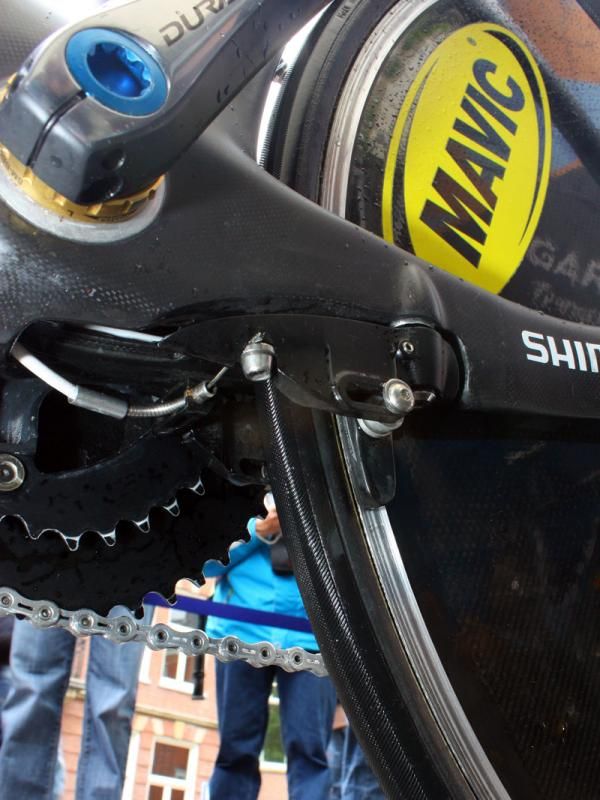 The proprietary rear brake on David Millar's (Garmin-Transitions) new Felt DA is cleanly integrated into the chain stays - and it even looks relatively reasonable to adjust, too.