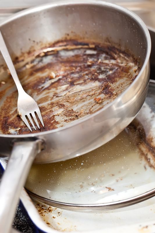 Greasy dishes in the sink.