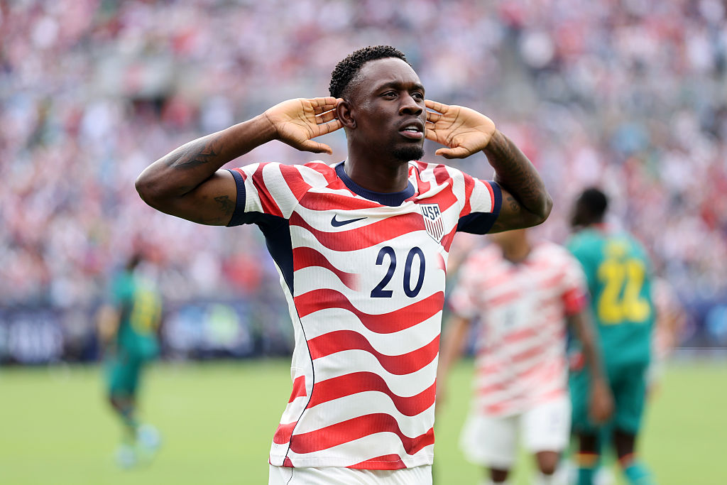 Falarin Balogun of United States celebrates after scoring his team's third goal during the international friendly match between United States and Senegal at Bank of America Stadium on May 31, 2026