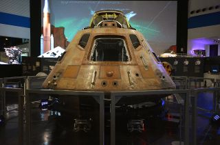 The Apollo 11 command module Columbia seen during its display at Space Center Houston.