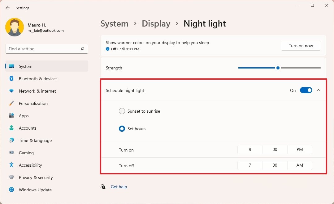 Windows 11 Night light schedule