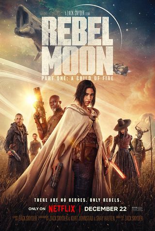 seven characters in armor and cloaks hold weapons and glare menacingly under an orange alien sky