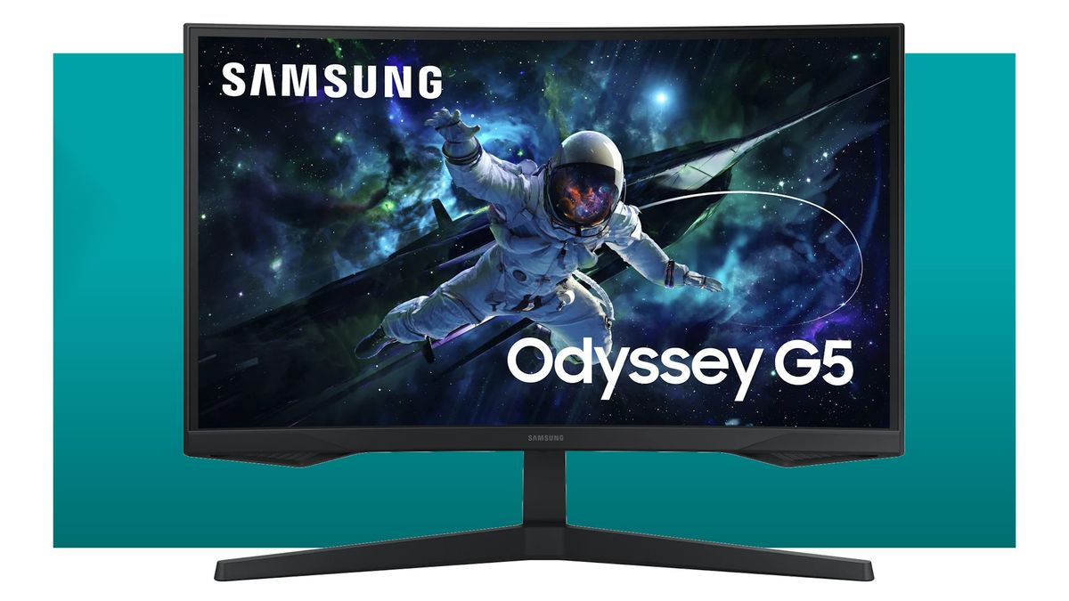 Samsung Odyssey G5 gaming monitor on blue background