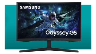 Samsung Odyssey G5 gaming monitor on blue background