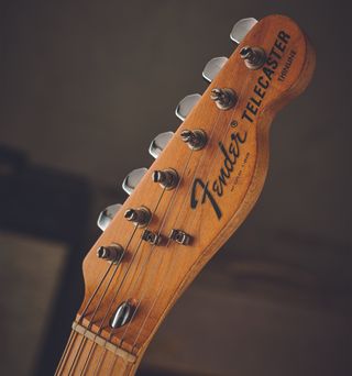 A photo of a blond Fender Telecaster Thinline from the 1970s boasting Seth Lover's Wide Range Humbucker pickup