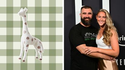 Jason and Kylie Kelce hugging at an Amazon premiere next to a sage-green gingham background with a stuffed giraffe from PB Kids