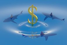 Dollar symbol sinking in the water with sharks