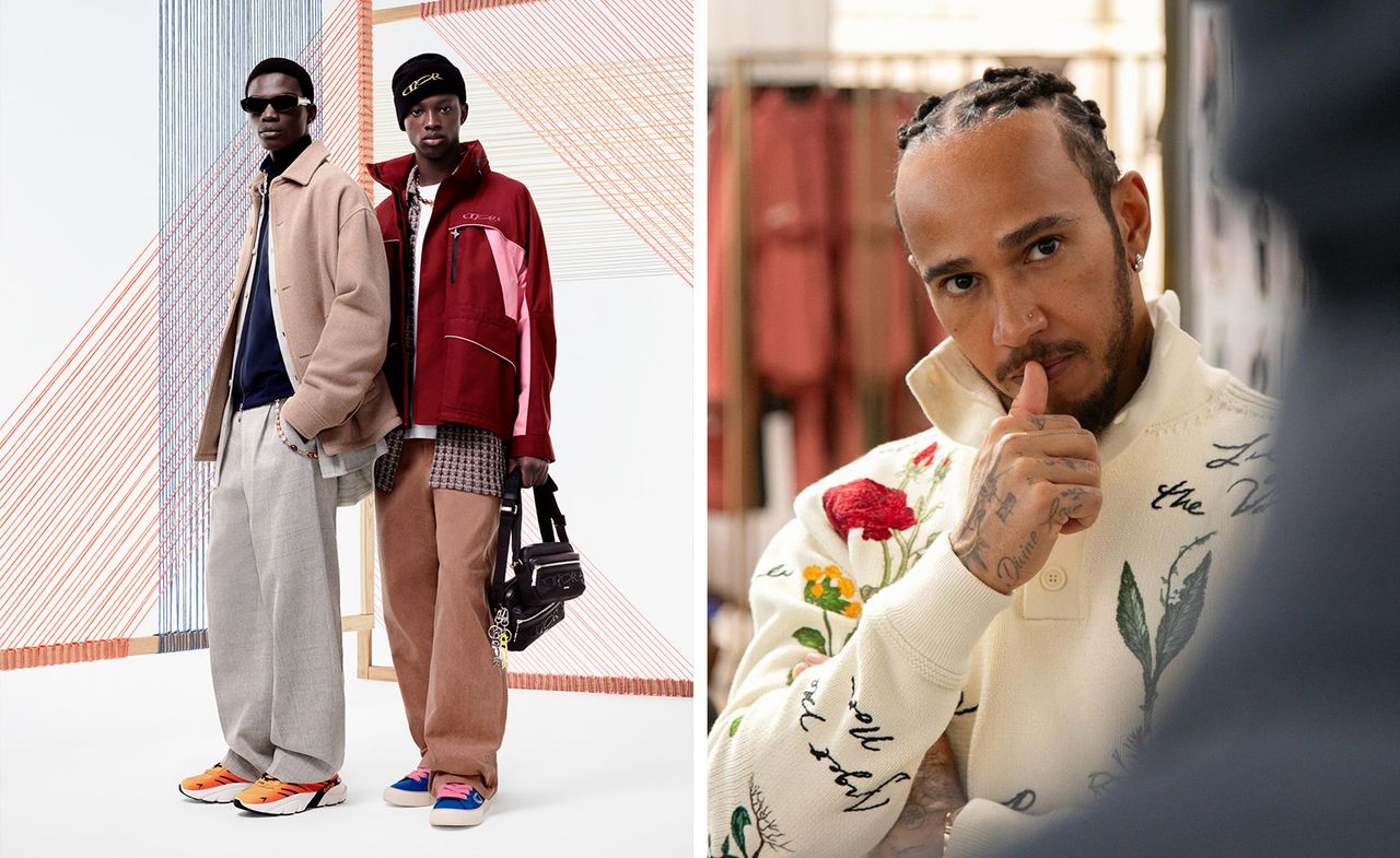 Lewis Hamilton on right, his collection for Dior Men on left