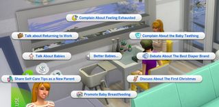 The Sims 4 mod Better Babies and Toddlers showing a radial menu of conversation options about babies