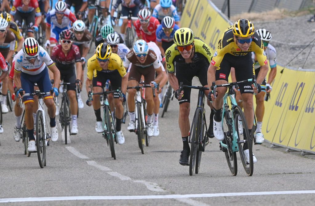 SAINT CHRISTO EN JAREZ FRANCE AUGUST 12 Sprint Arrival Wout Van Aert of Belgium and Team Jumbo Visma Daryl Impey of South Africa and Team Mitchelton Scott Egan Arley Bernal Gomez of Colombia and Team Ineos Alejandro Valverde Belmonte of Spain and Movistar Team Alexey Lutsenko of Kazakhstan and Astana Pro Team Sergio Andres Higuita Garcia of Colombia and Team EF Education First Benoit Cosnefroy of France and Team Ag2R La Mondiale Primoz Roglic of Slovenia and Team Jumbo Visma during the 72nd Criterium du Dauphine 2020 Stage 1 a 2185km stage from Clermont Ferrand to Saint Christo en Jarez 752m dauphine Dauphin on August 12 2020 in Saint Christo en Jarez France Photo by AnneChristine Poujoulat PoolGetty Images