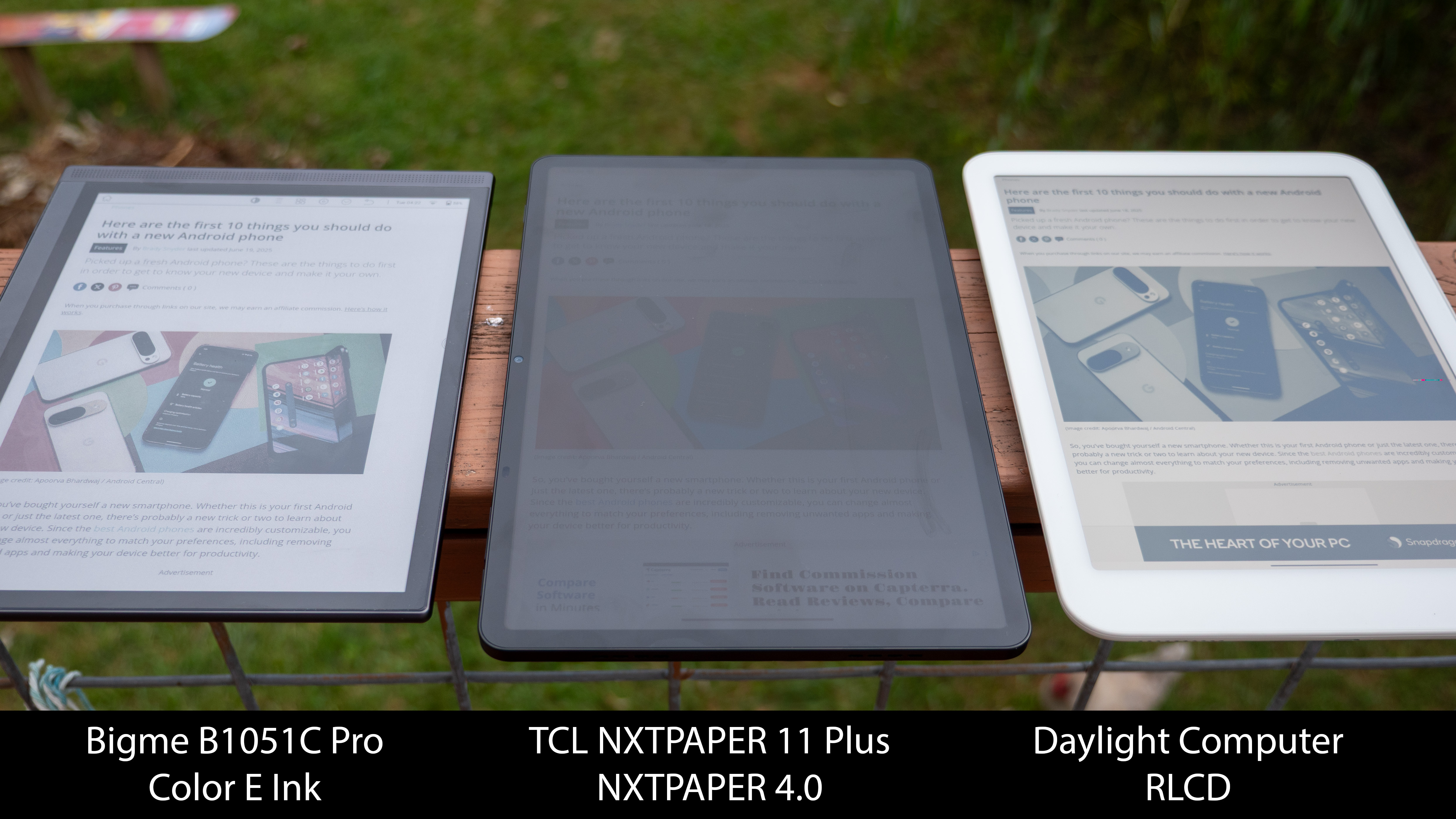 Comparing outdoor viewability between the TCL NXTPAPER 11 Plus, the Bigme B1051C Pro, and the Daylight Computer