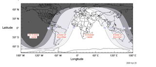 This map shows the region of visibility for the partial lunar eclipse of July 16, 2019. Observers in South America, Europe, Africa, Asia and Australia will be able to see the eclipse, weather permitting.