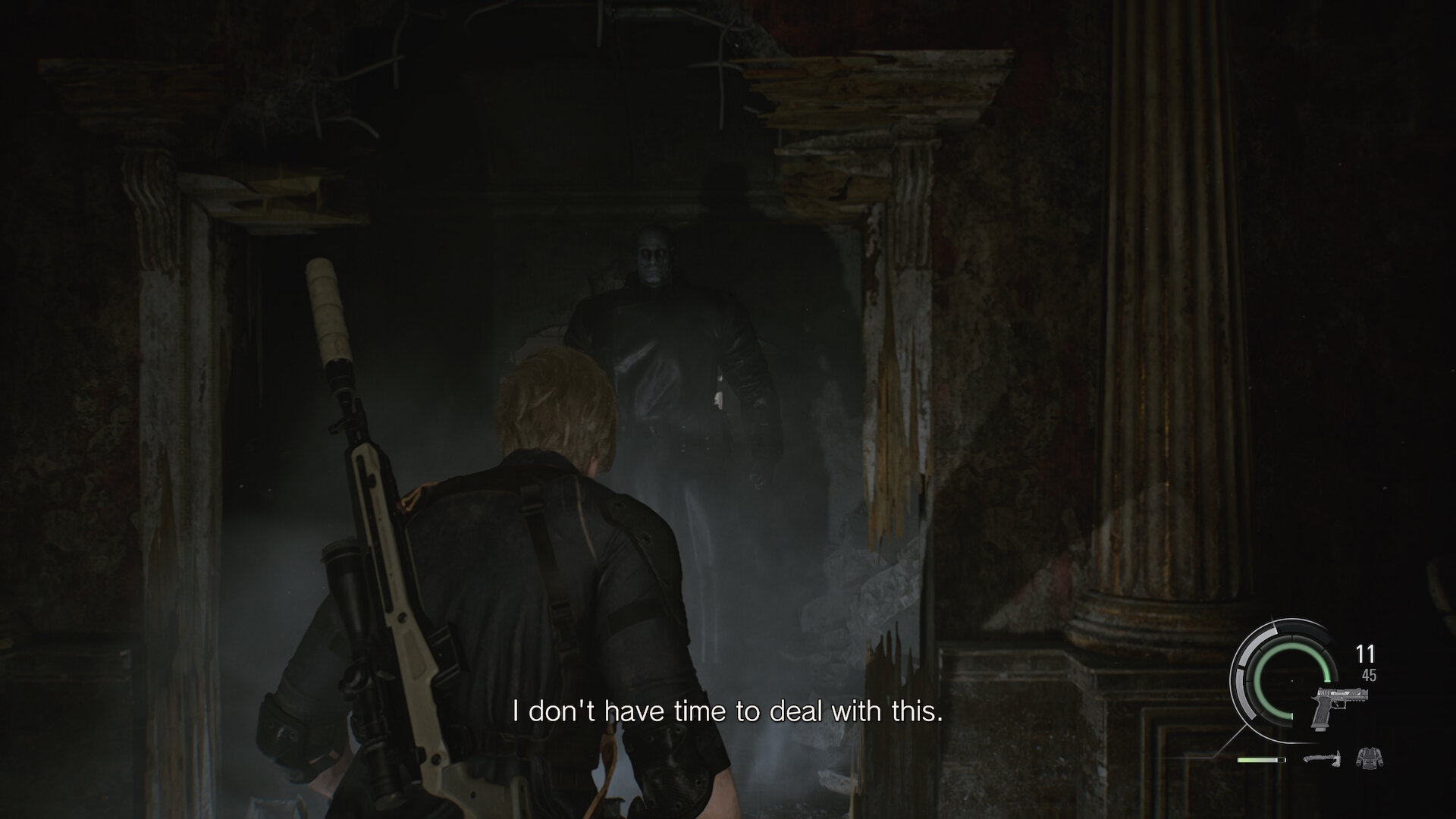 Resident Evil Requiem screenshot of Leon meeting the Tyrant at the Police Department