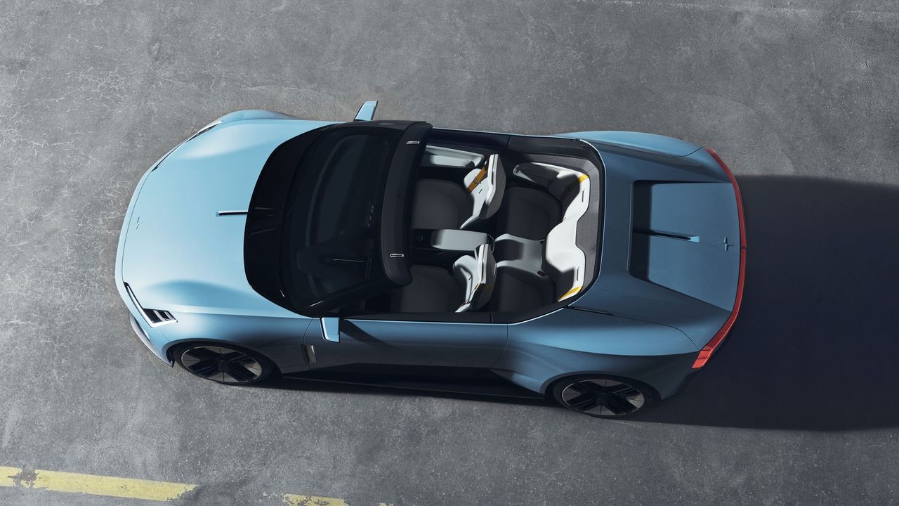 Birds-eye view of the Polestar O2 with the roof down
