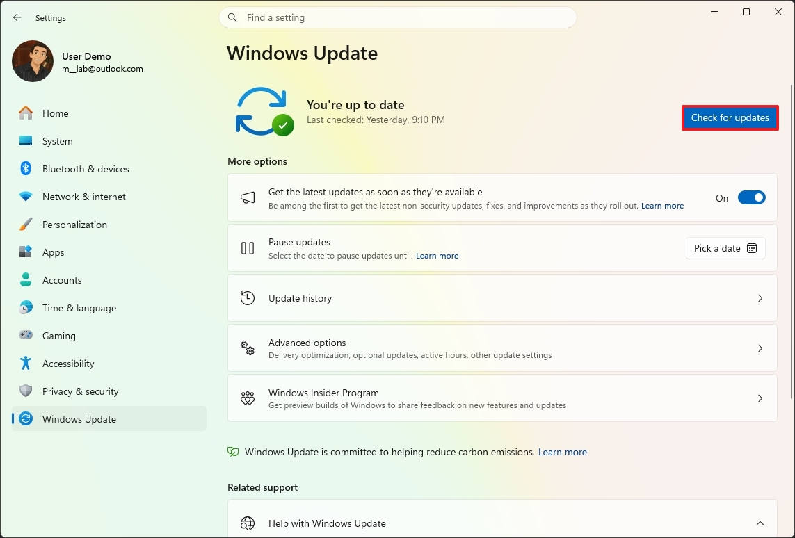 Windows Update settings window showing &amp;quot;You're up to date&amp;quot; message. Options for updates, history, and insider program are visible. Tone is informative.