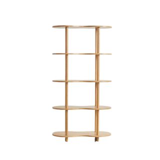 A wooden bookshelf with curved shelves