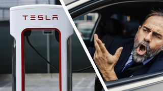A Tesla Supercharger next to an angry man shouting out if his car window