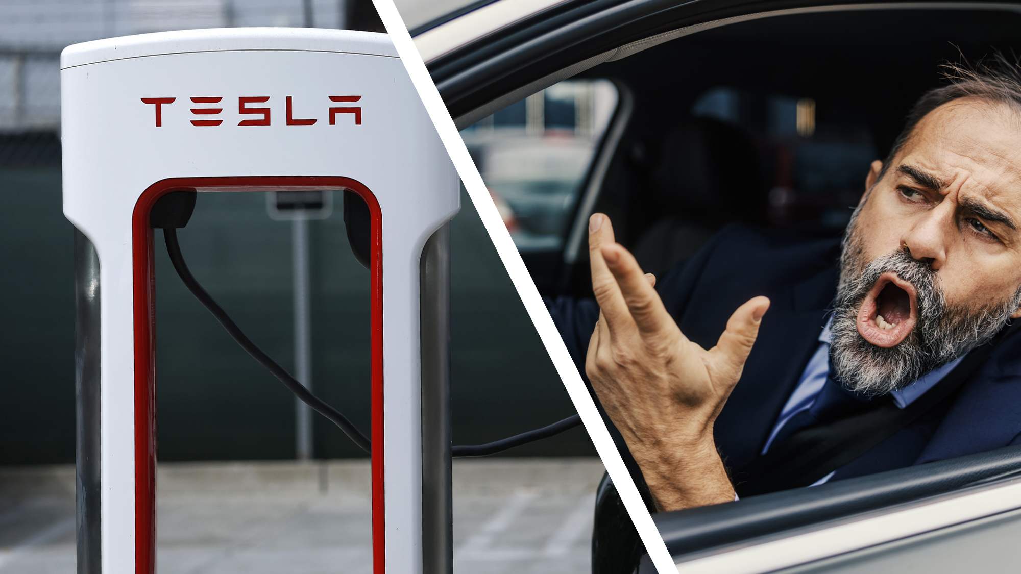 A Tesla Supercharger next to an angry man shouting out if his car window