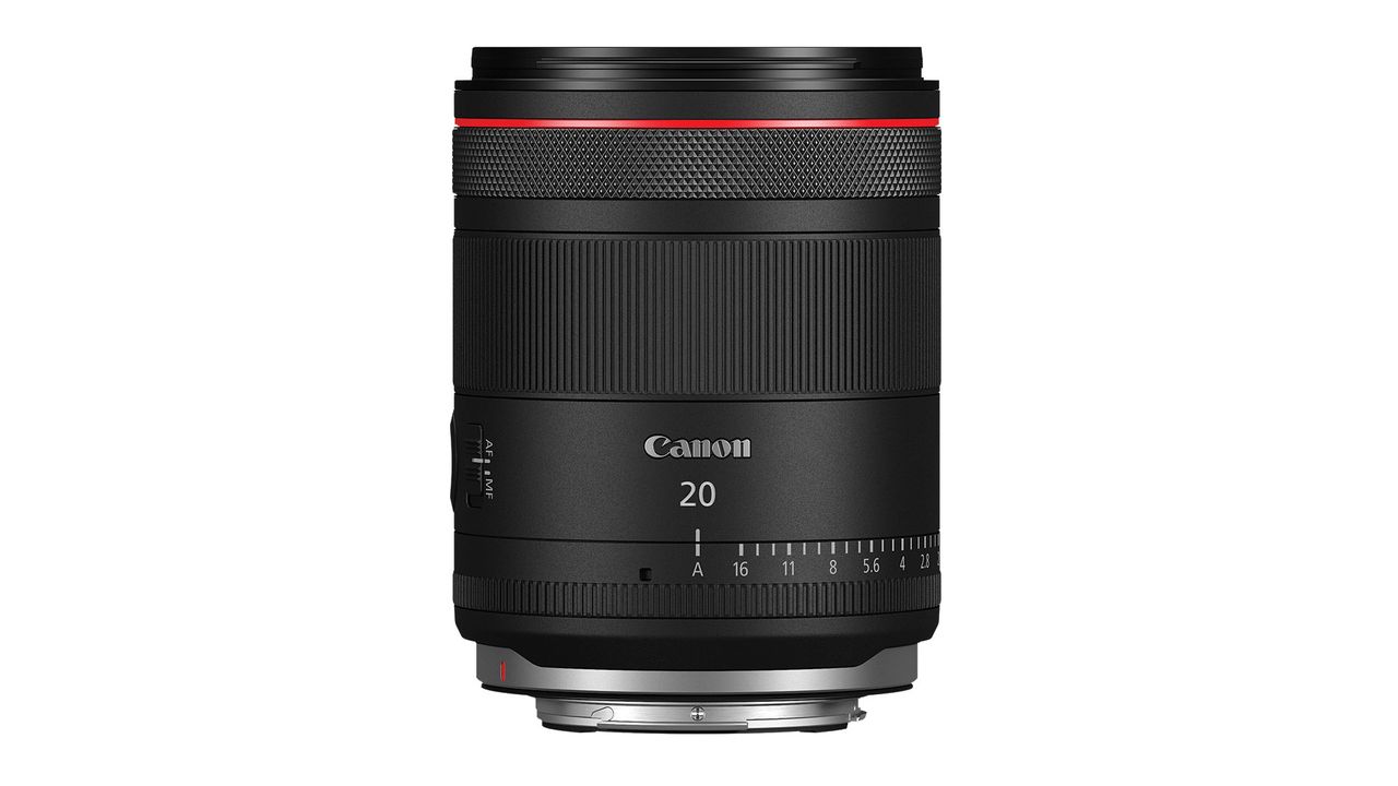 The Canon RF 20mm f/1.4 L VCM on a white background