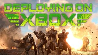 Helldivers 2 helldiver squad with text "deploying on Xbox"