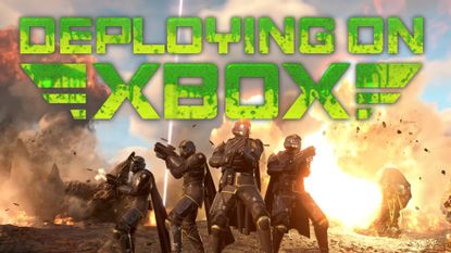 Helldivers 2 helldiver squad with text "deploying on Xbox"