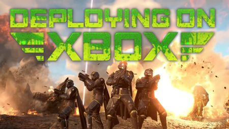 Helldivers 2 helldiver squad with text "deploying on Xbox"