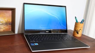 Asus Chromebook Flip CX5 (2022) open on deskreview