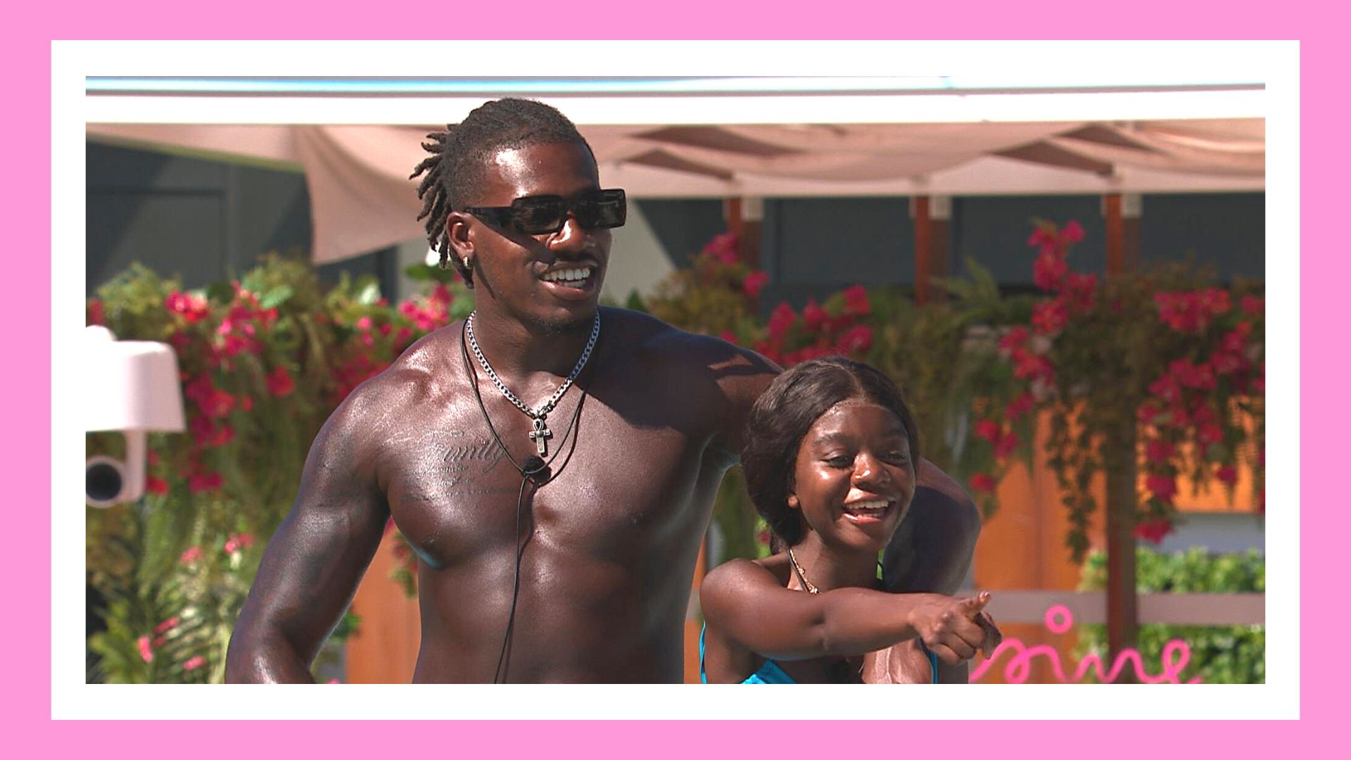 Shaq and Tanya pictured in the Love Island 2023 villa/ in a pink rectangle template