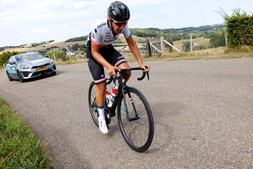 LANDGRAAF NETHERLANDS SEPTEMBER 02 Kirstie Van Haaften of Netherlands and Team Parkhotel Valkenburg competes in the breakaway during the 25th Simac Ladies Tour 2022 Stage 4 a 1352km stage from Landgraaf to Landgraaf SLT2022 UCIWWT on September 02 2022 in Landgraaf Netherlands Photo by Bas CzerwinskiGetty Images