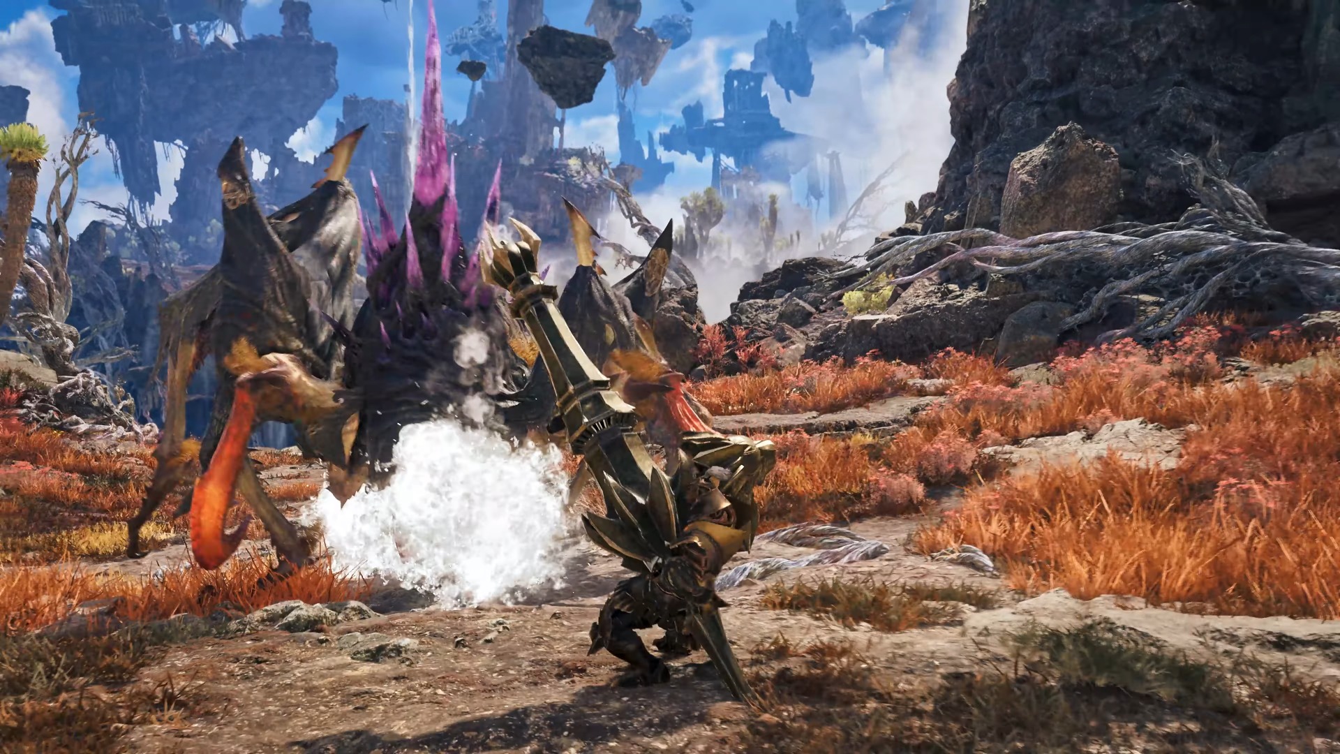 A warrior in dark armor swings a large, ornate golden weapon at a spiky, dark creature in a rocky landscape with floating islands in the background.