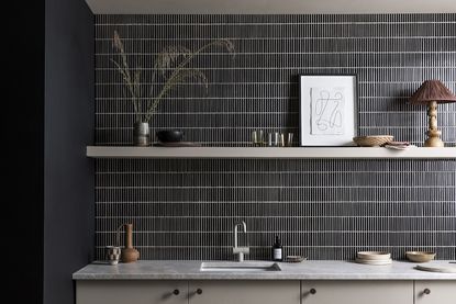 kitchen wall tile ideas with slim black backsplash tiles