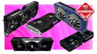 A collage of different graphics cards against a multi-coloured pink background, with a white border, and a large PC Gamer Recommended logo.