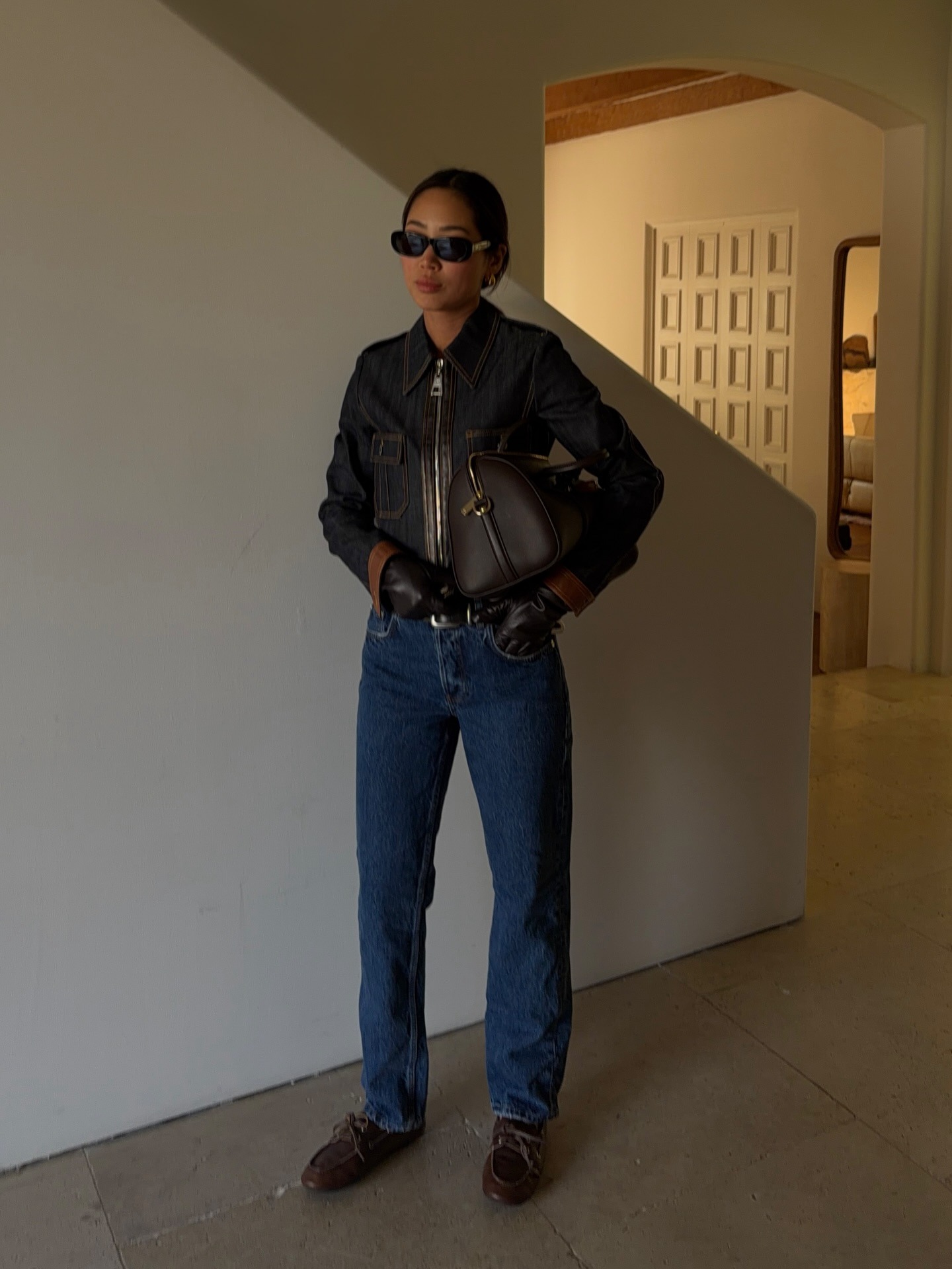 Aimee Song wear straight-leg jeans