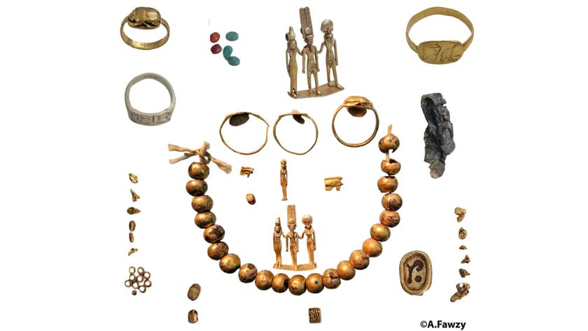 a series of Egyptian jewelry and figurines