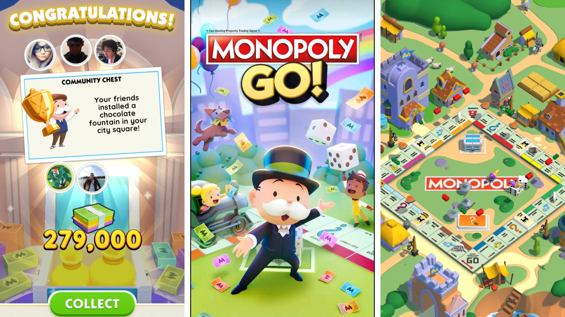 A collection of three images showing Monopoly GO's title screen, a board view, and a view of six completed landmarks