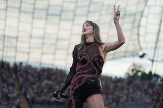 Taylor Swift performs onstage during "Taylor Swift | The Eras Tour" at Olympiastadion on July 27, 2024 in Munich, Germany