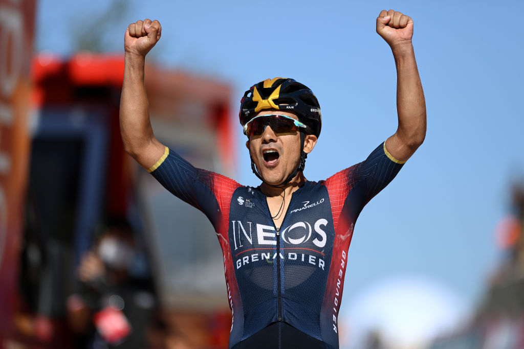 SIERRA DE LA PANDERA SPAIN SEPTEMBER 03 Richard Carapaz of Ecuador and Team INEOS Grenadiers celebrates at finish line as stage winner during the 77th Tour of Spain 2022 Stage 14 a 1603km stage from Montoro to Sierra de La Pandera 1815m LaVuelta22 WorldTour on September 03 2022 in Sierra de La Pandera Spain Photo by Justin SetterfieldGetty Images