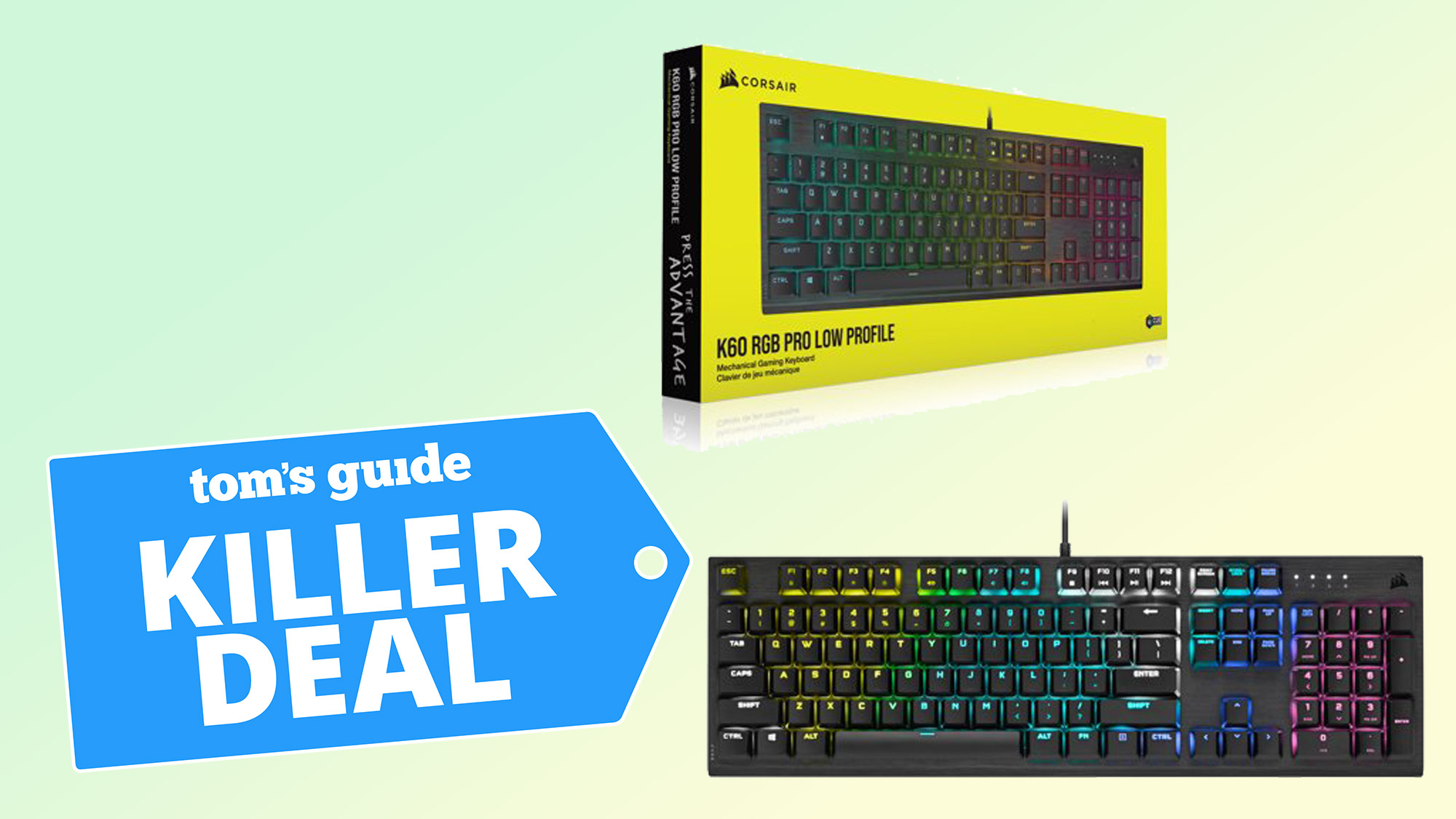 Black Friday headers with product shots of the Corsair K60 RGB Pro Low Profile Mechanical Gaming Keyboard.