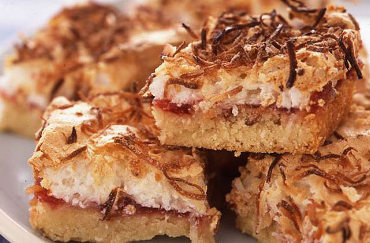 Shredded coconut mallow and jam squares